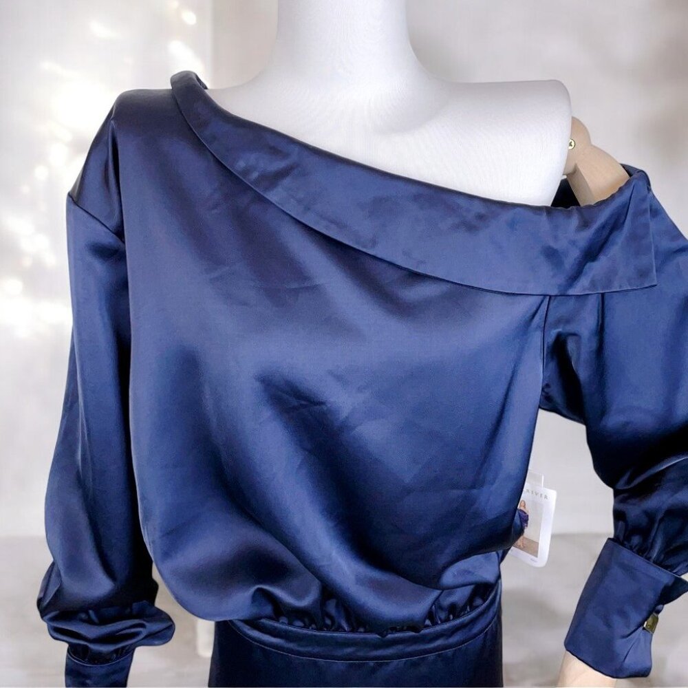 NWT Moon River Navy Satin Off Shoulder Mini Dress - Picture 3 of 8